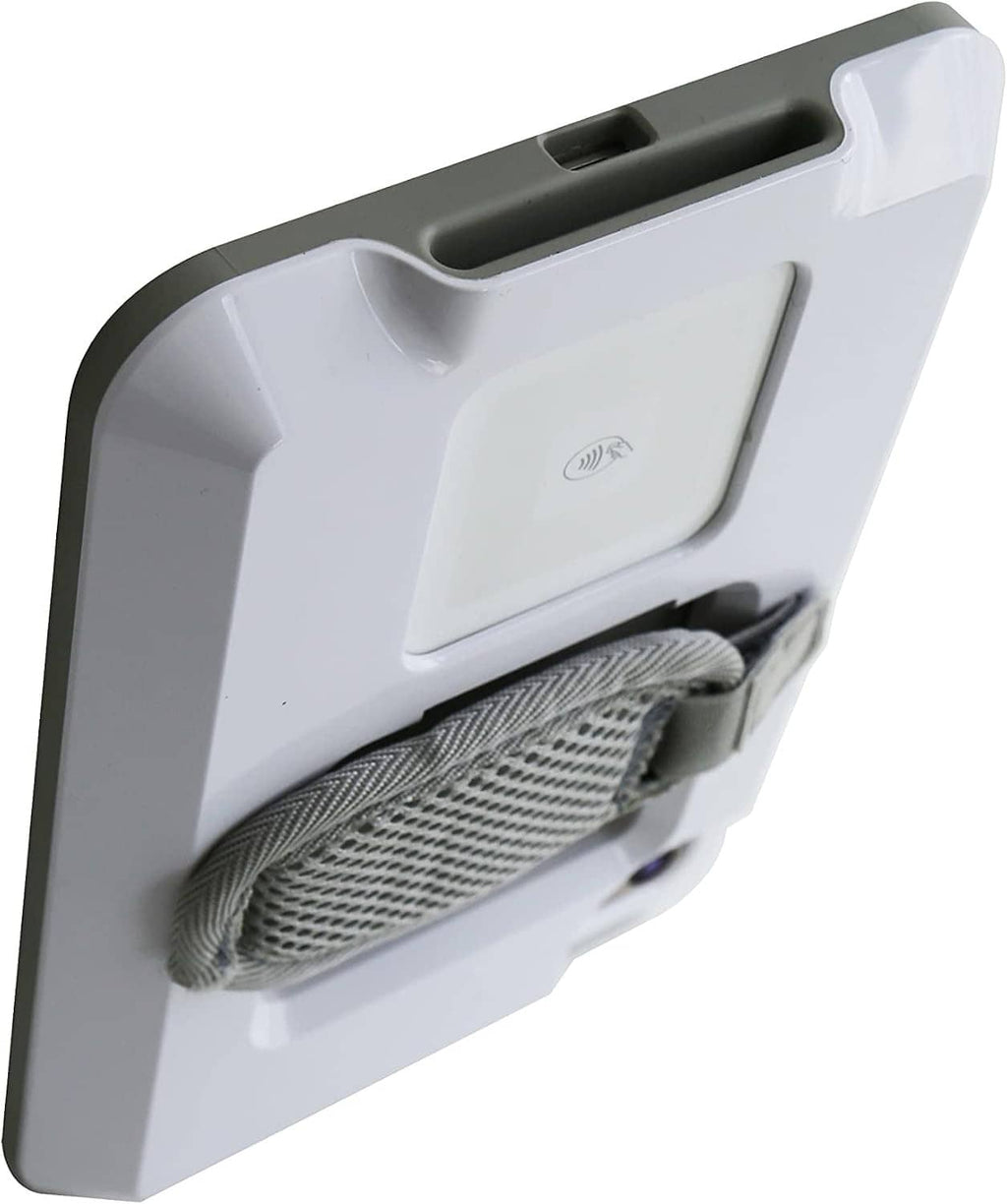 White iPad mini case with gray mesh strap pocket and brand logo on back
