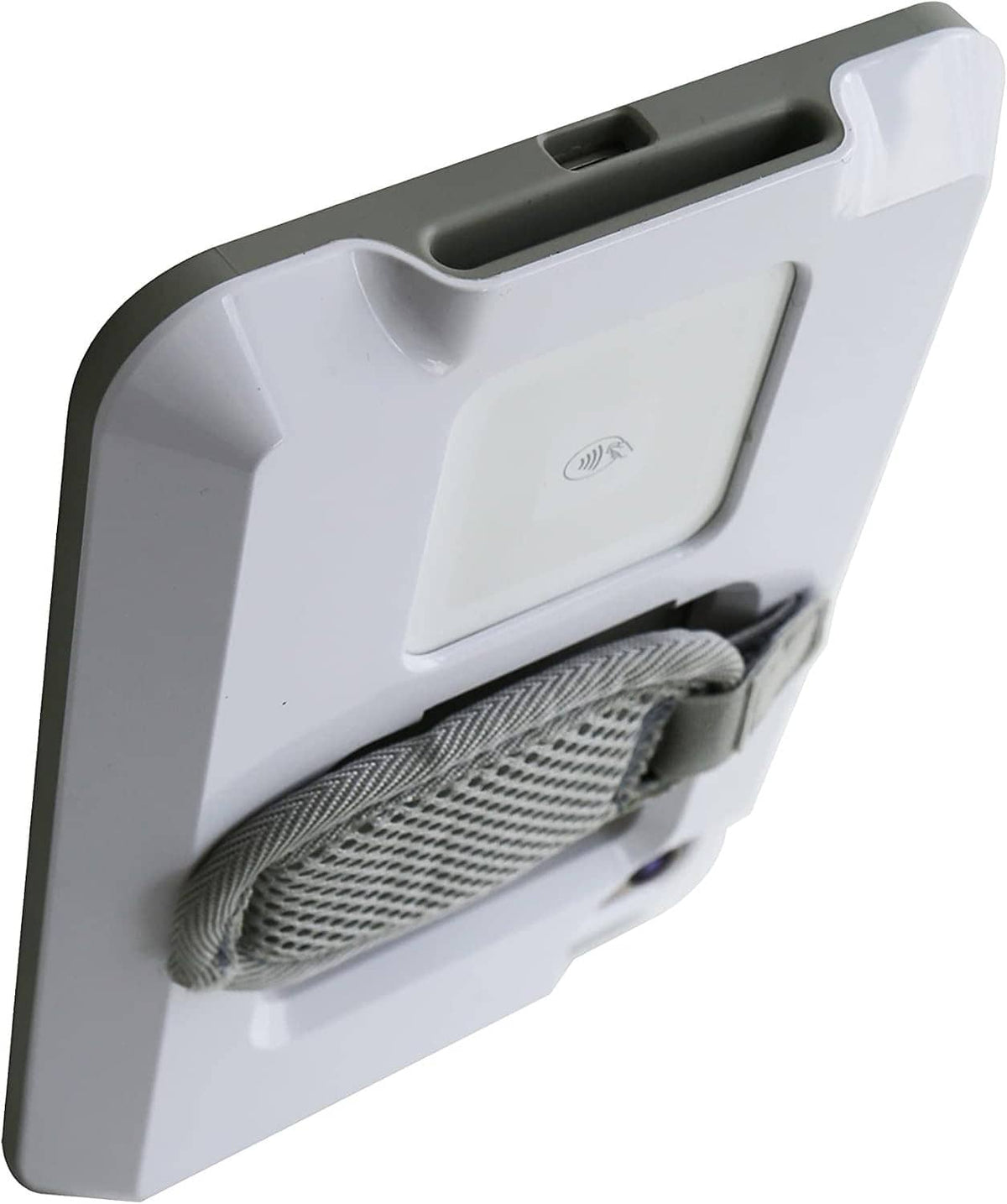 White iPad mini case with gray mesh strap pocket and brand logo on back