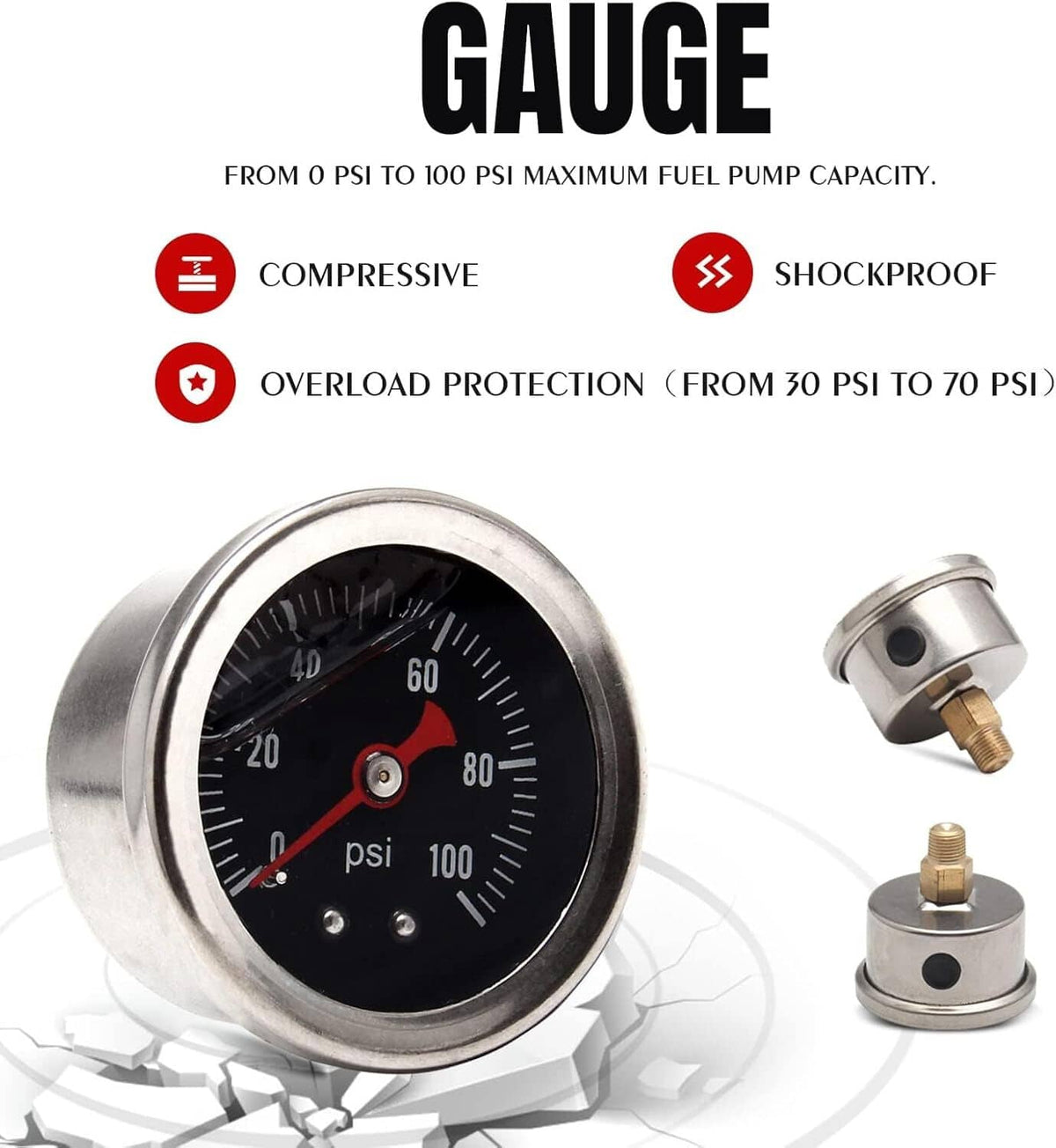 Stainless fuel pressure gauge marked 0–100 psi with regulator mounting fitting