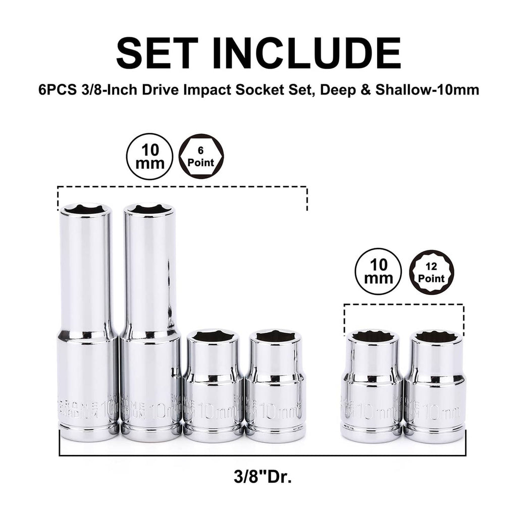 6-piece chrome 3/8-inch drive impact socket set, deep and shallow styles shown