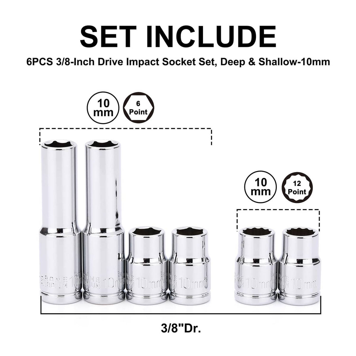 6-piece chrome 3/8-inch drive impact socket set, deep and shallow styles shown