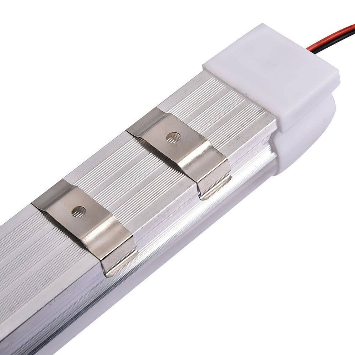 RV LED light bar with metal mounting clips and white end cap connector