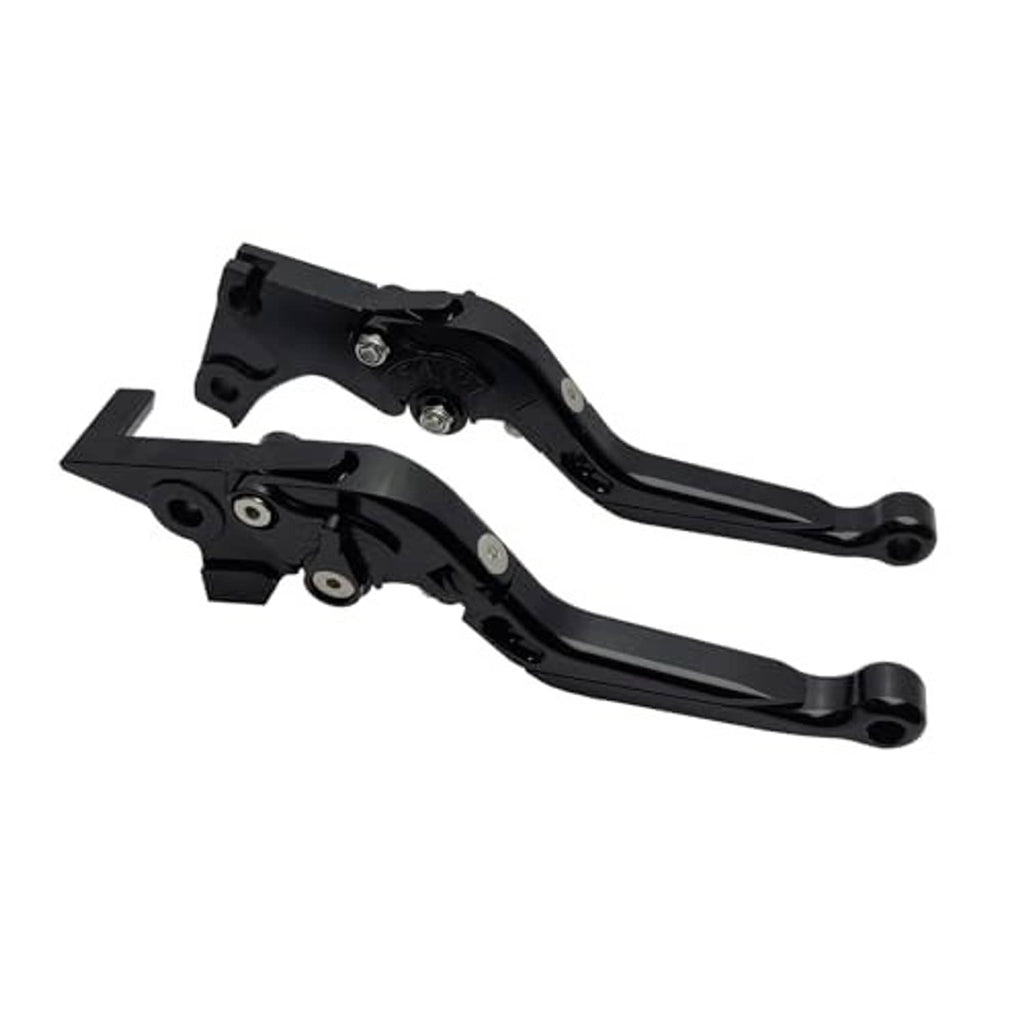 Black brake and clutch lever set with angled arms, folding tips, and mounting bracket.