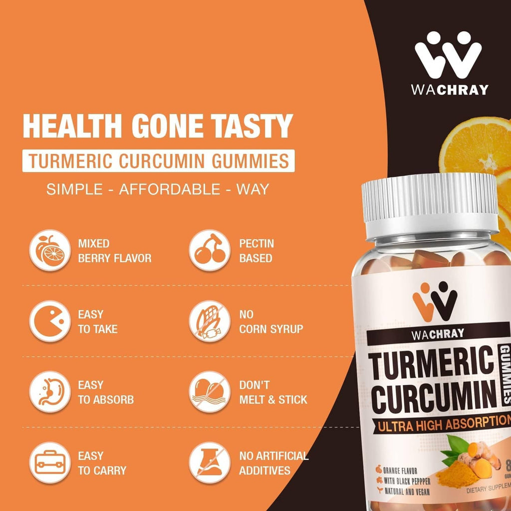 Turmeric curcumin gummies bottle with orange promo layout and benefit icons