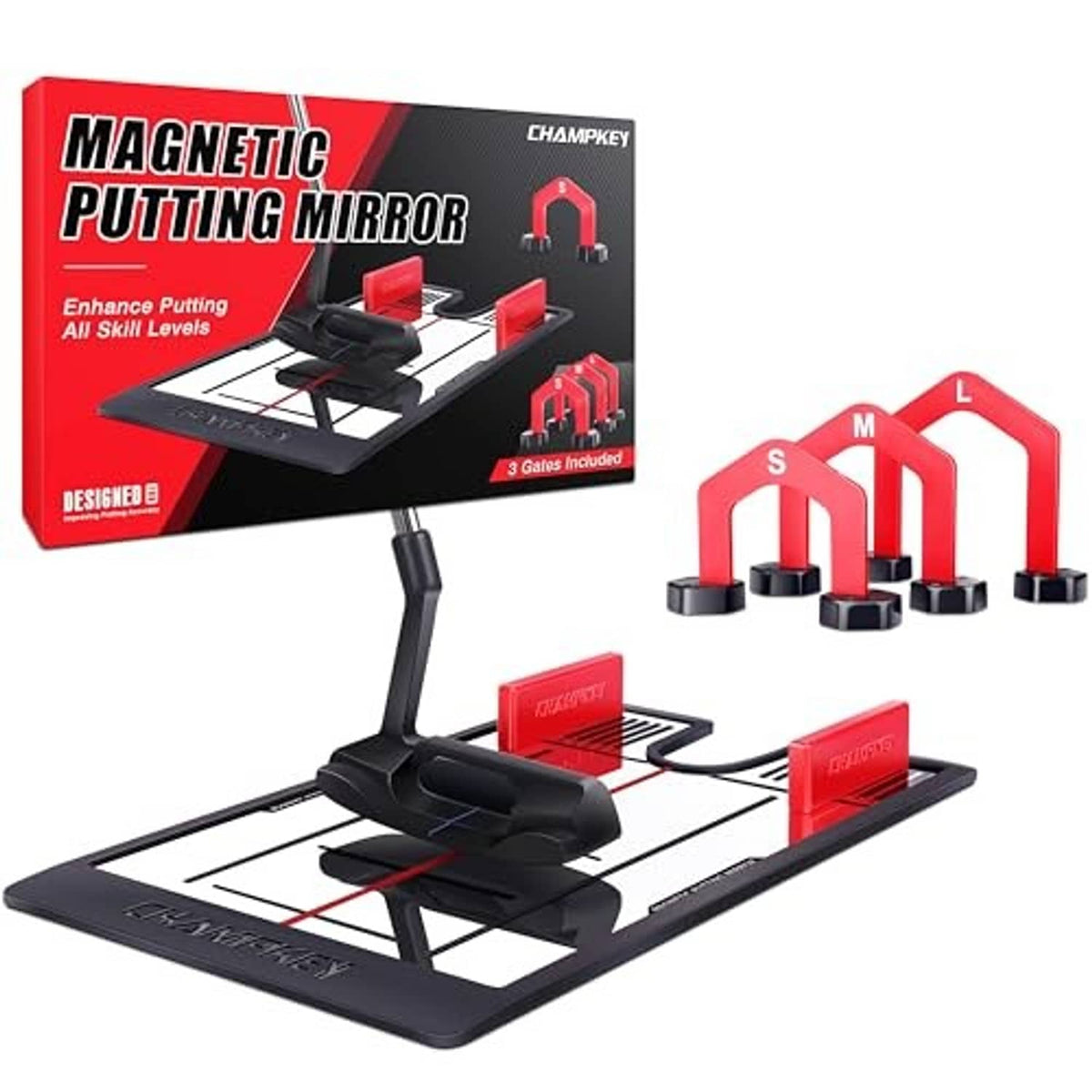 Magnetic putting mirror training mat with red gate guides and mirror stand
