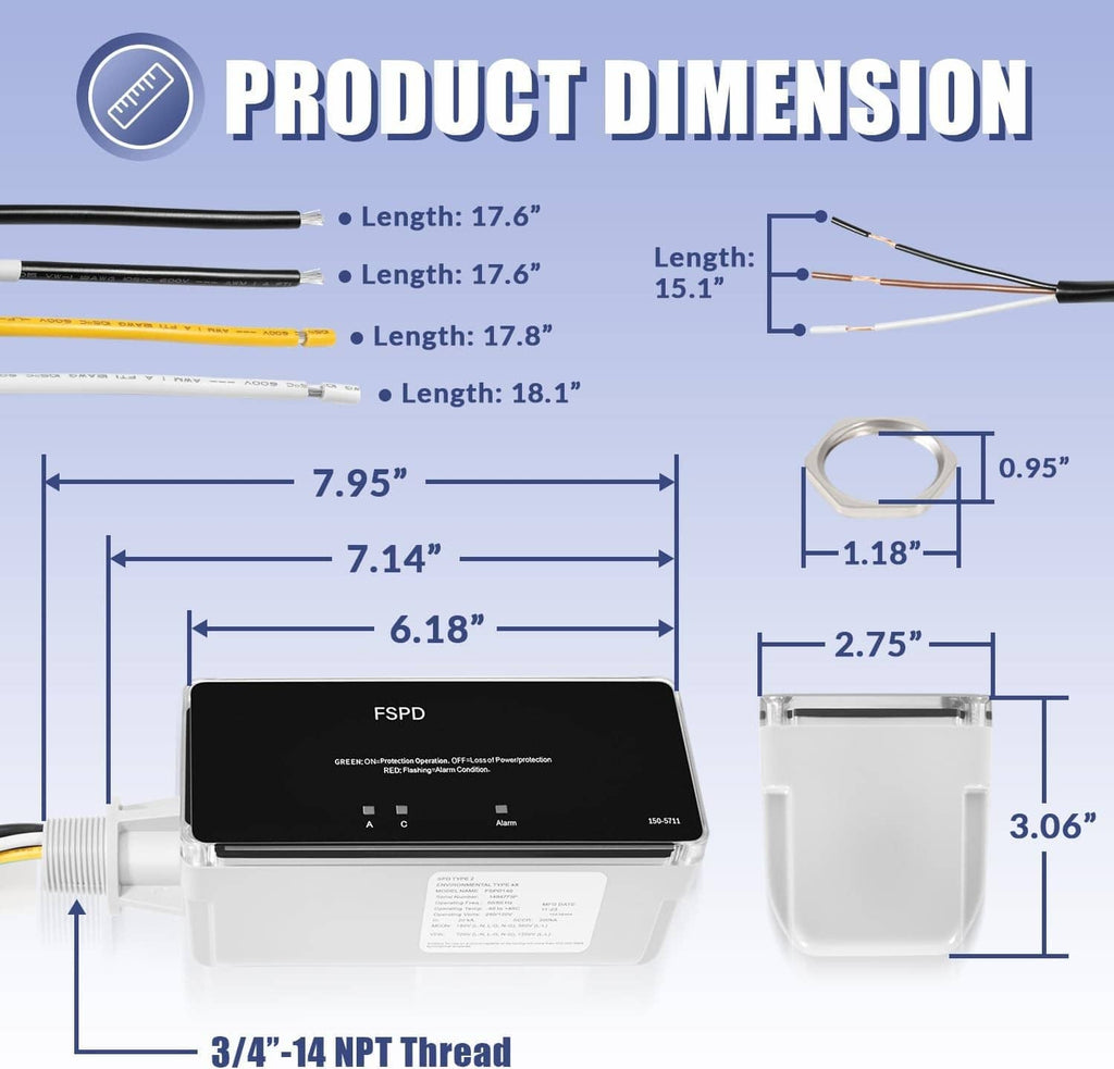 Surge protection device dimensions view: white enclosure with black front panel