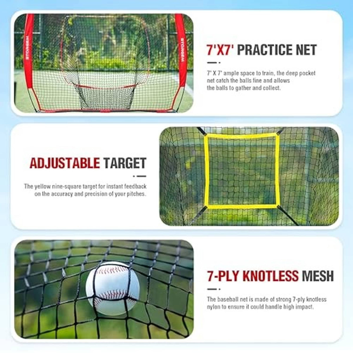7x7 red practice net with yellow adjustable target and black mesh surround