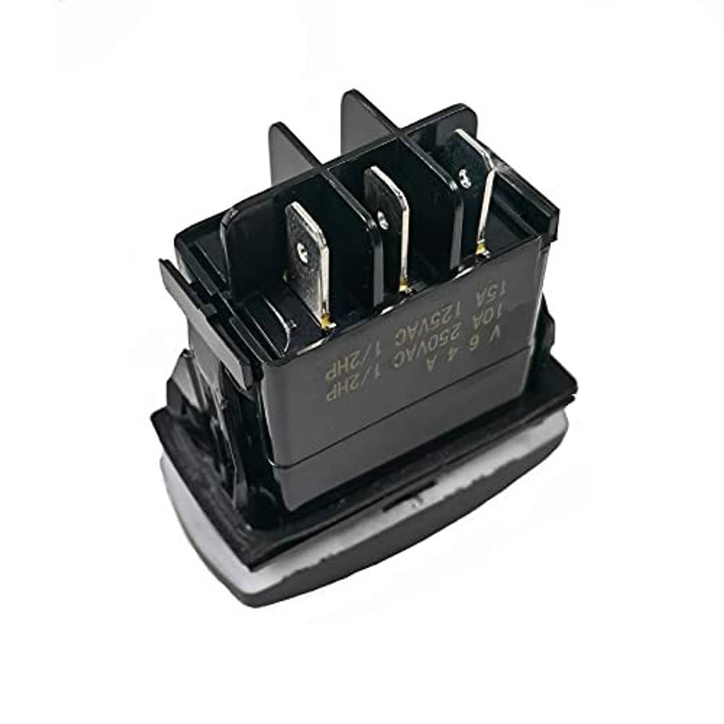 Forward/reverse switch base with metal prongs and contact terminals on black plastic housing