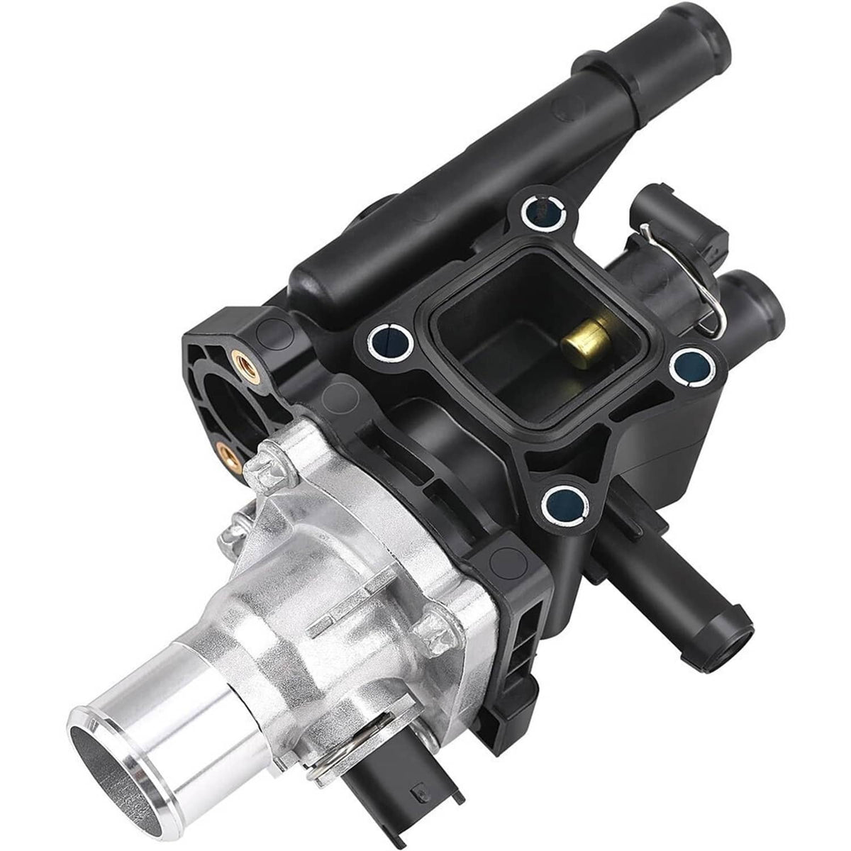Thermostat water outlet assembly with black intake chamber and silver coolant outlet