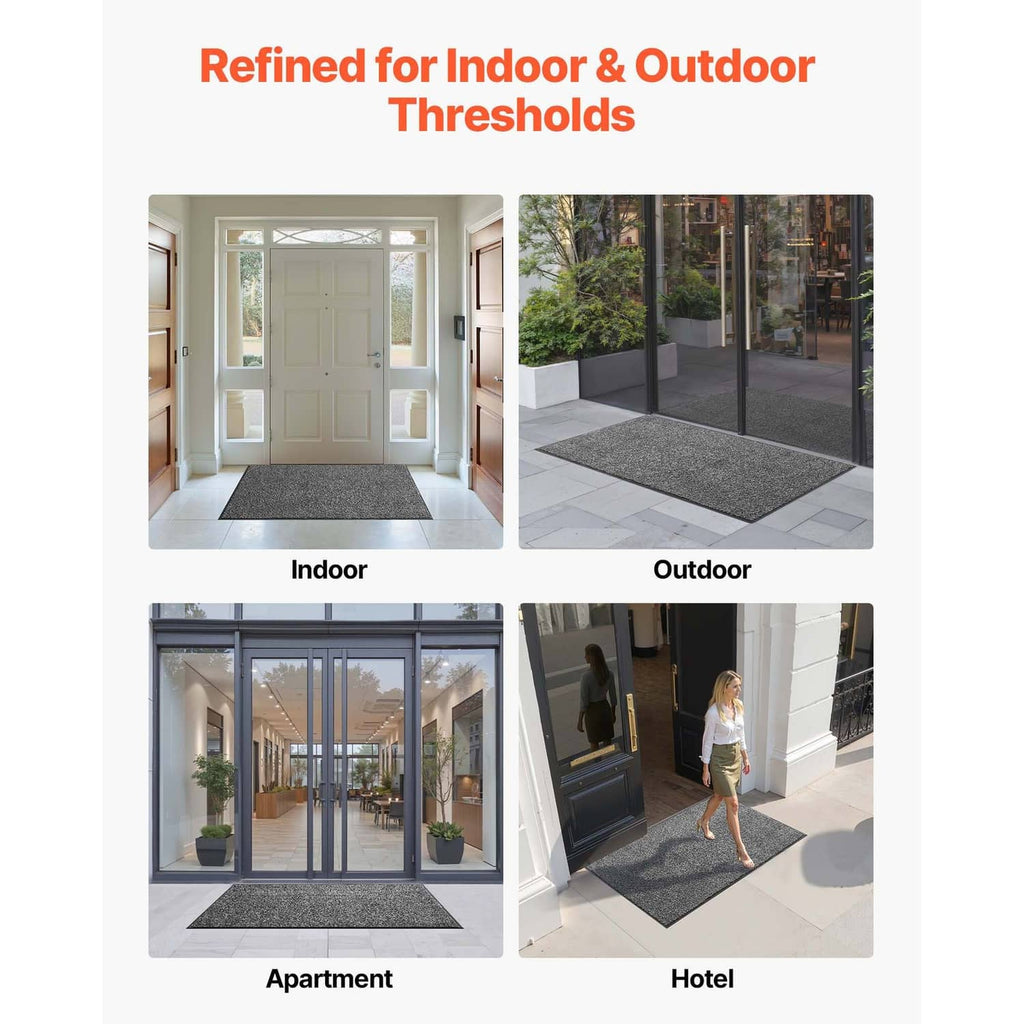 Grey front door mat with speckled surface, rectangular shape for indoor or outdoor