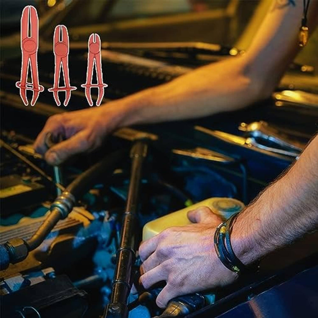 Red hose pinch-off pliers held by a mechanic during engine work