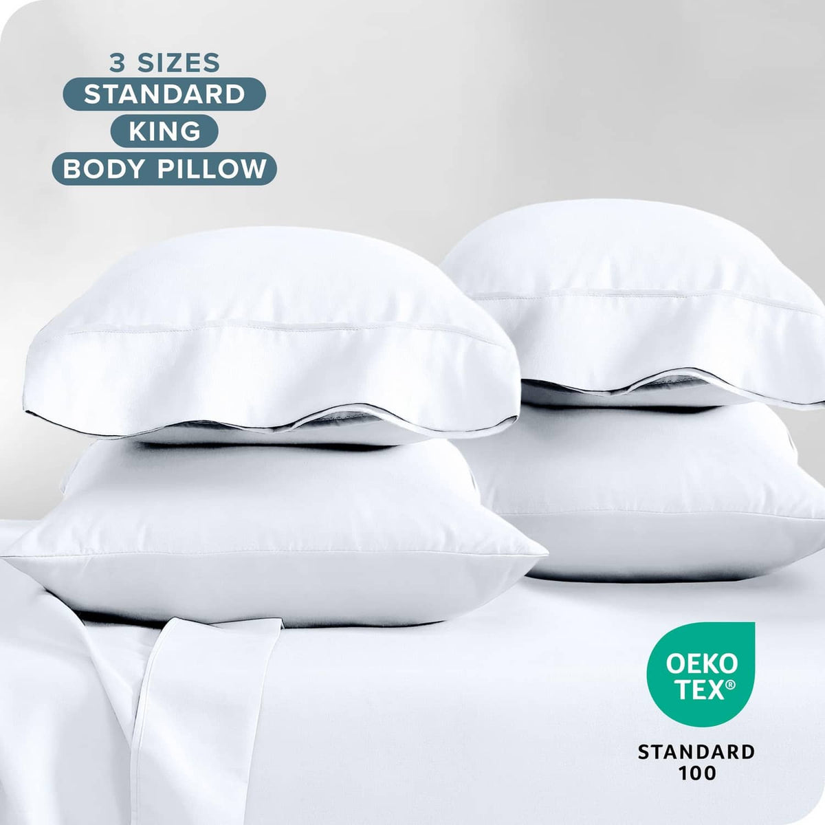 White standard pillowcase set with envelope closure and Oeko-Tex certified label