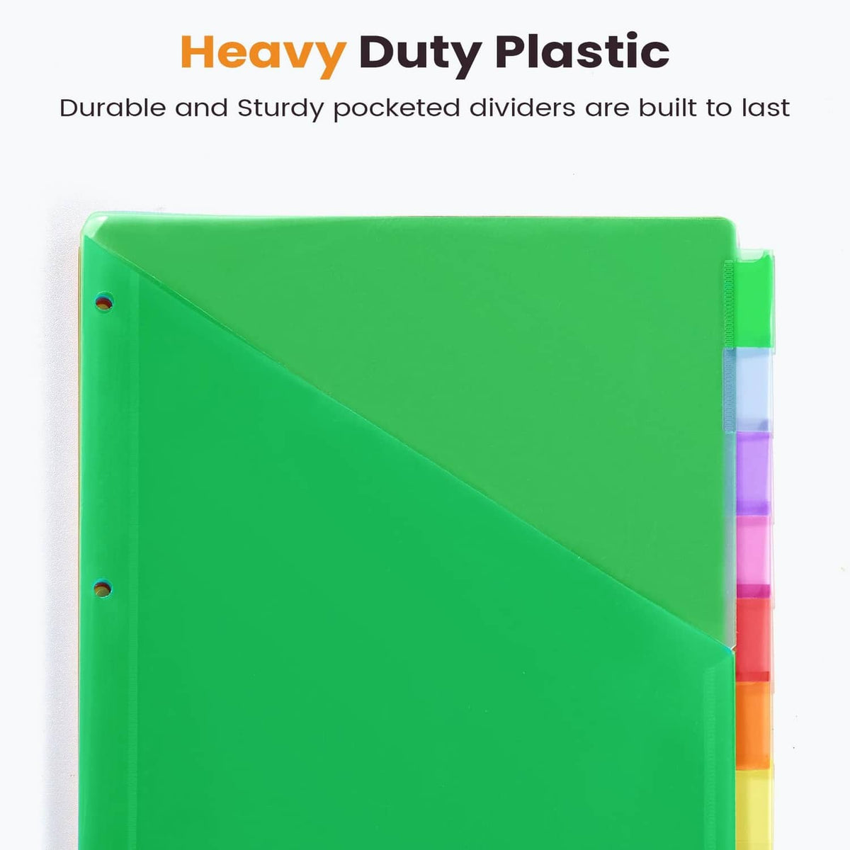 Green heavy-duty plastic pocket divider with reinforced edges and binder holes