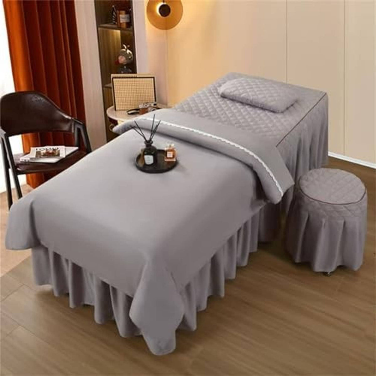 Grey massage table skirt with pleated ruffle plus matching headrest skirt cover