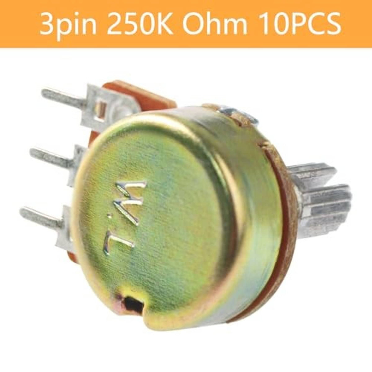 Single 3-pin potentiometer with metal adjustment shaft and round solder-pin housing
