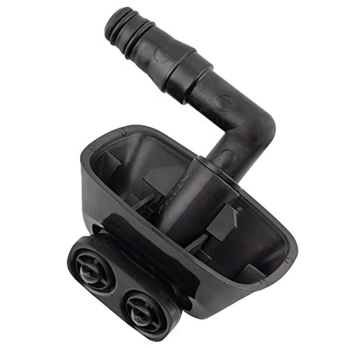 Black plastic headlight washer nozzle jet sprayer with open mounting base and two round outlets
