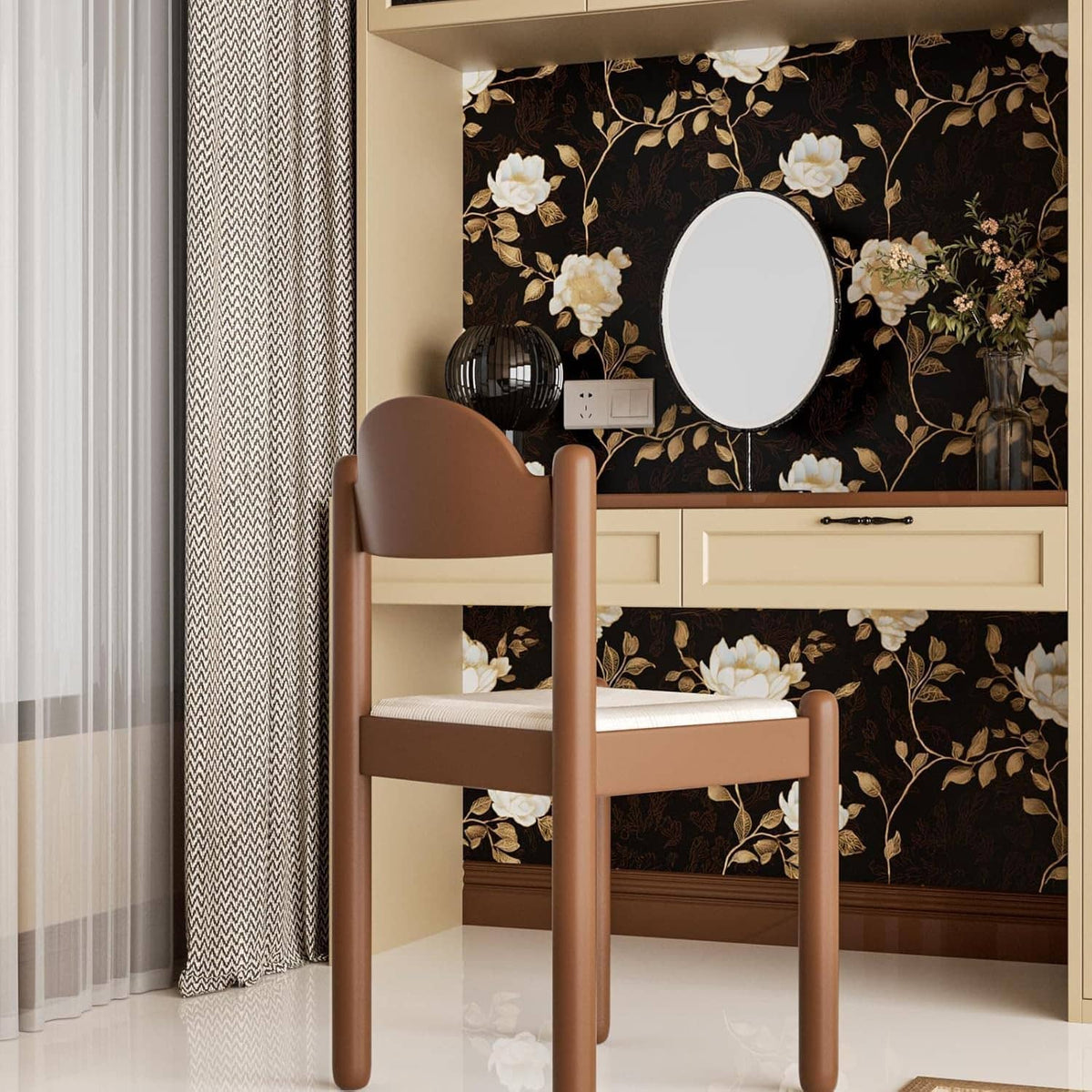 Black floral wallpaper with golden roses and leaves on the wall behind a chair