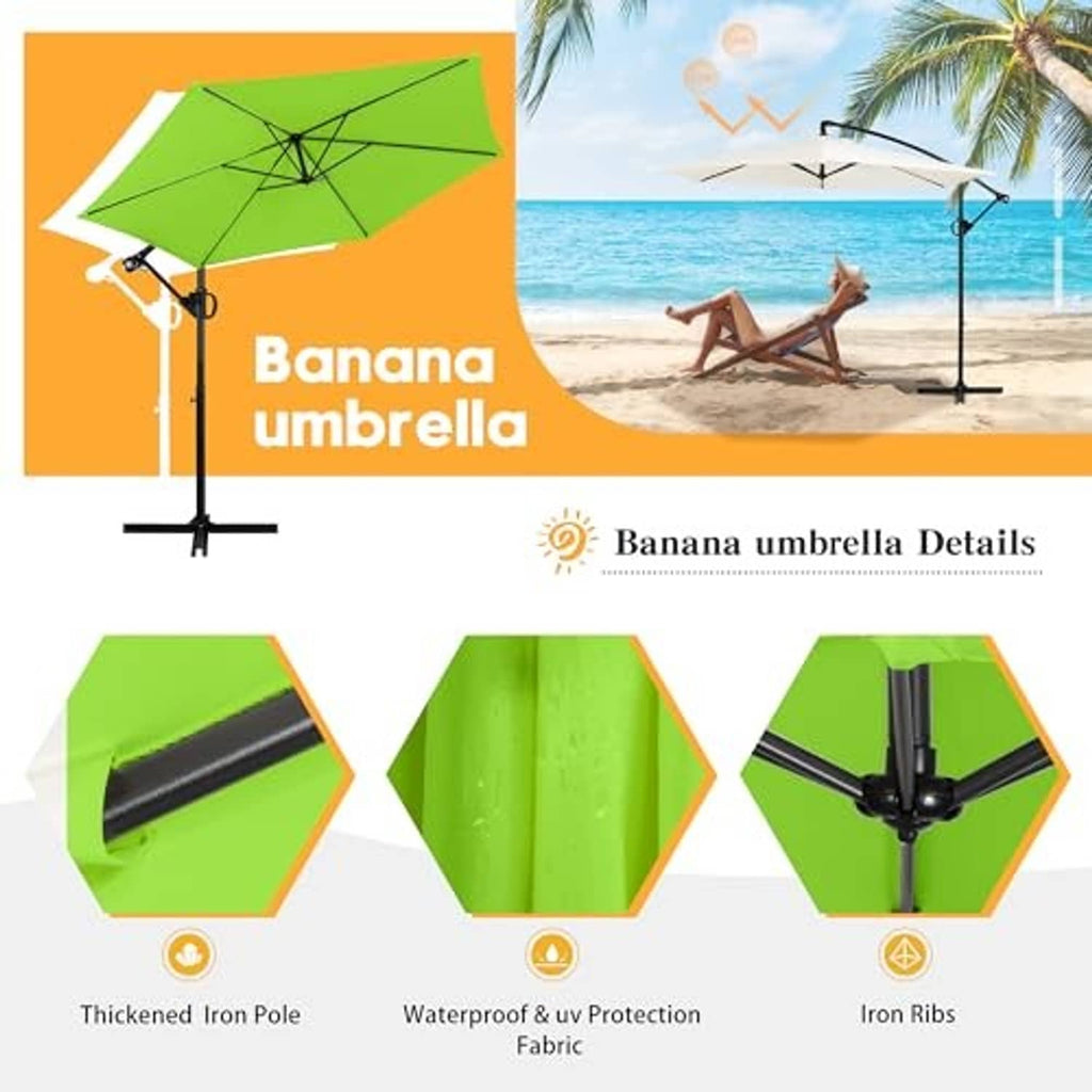 Green cantilever umbrella details: thick iron pole and UV-protection fabric