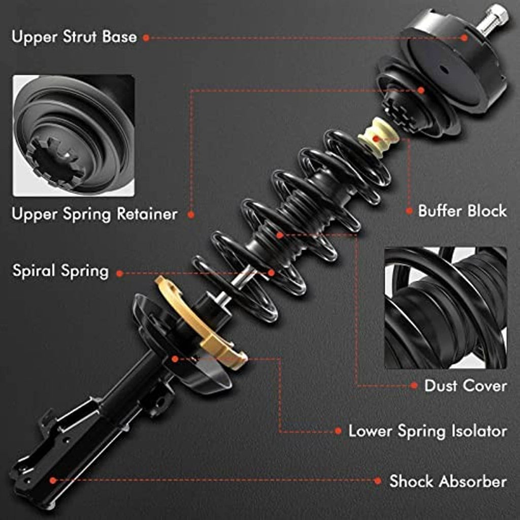 Exploded front strut assembly diagram showing spring, shock absorber, and dust cover