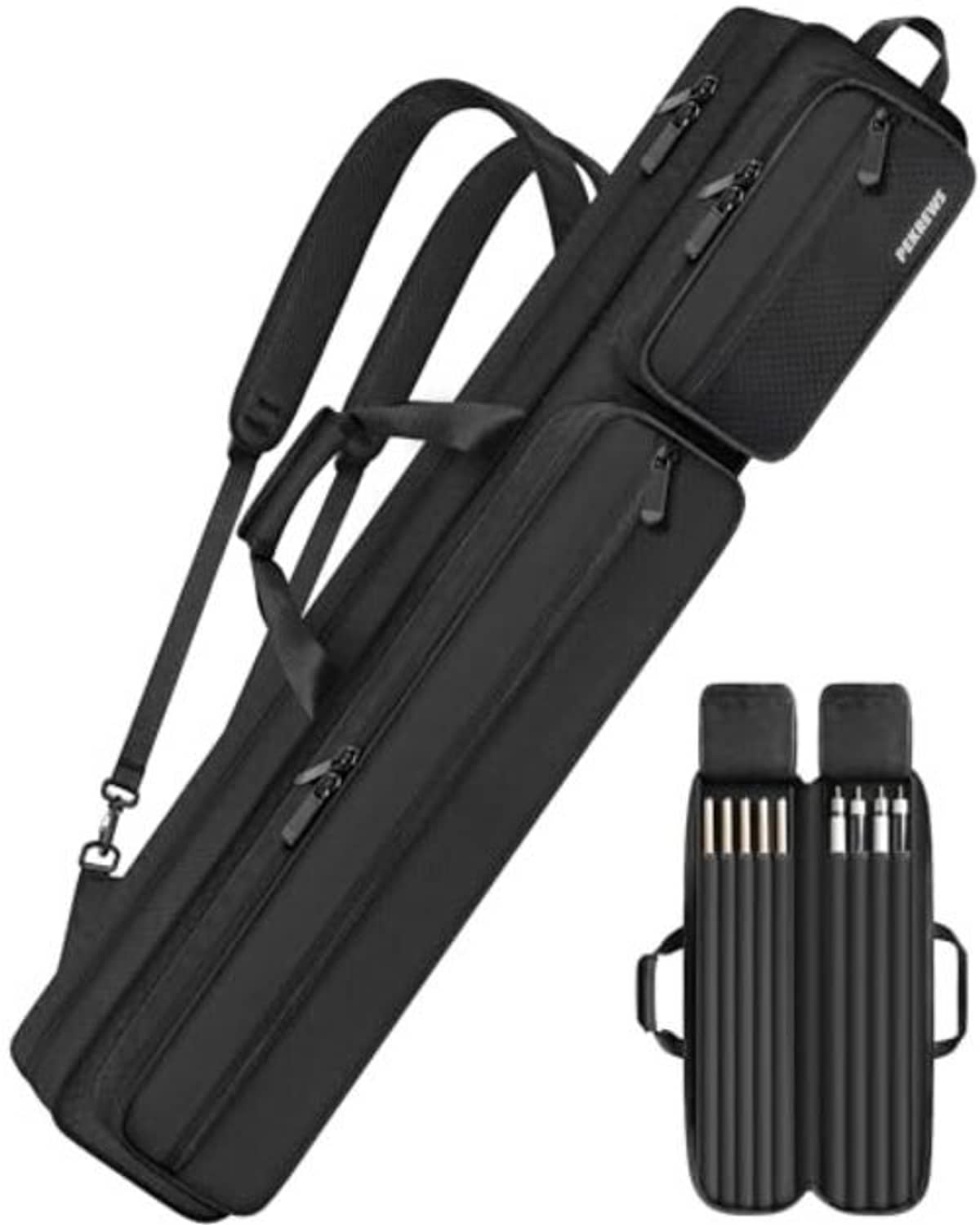 Black pool cue case with padded divider pocket and long carry handle straps