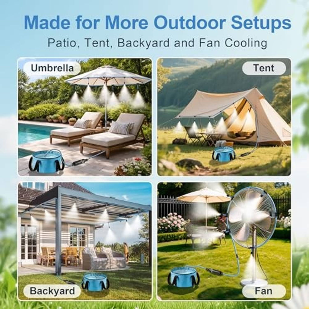 Portable outdoor misting system water bag with misting hose for outdoor setups