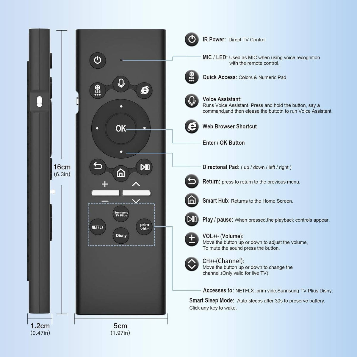 Black TV keyboard remote with labeled button layout and side view dimensions