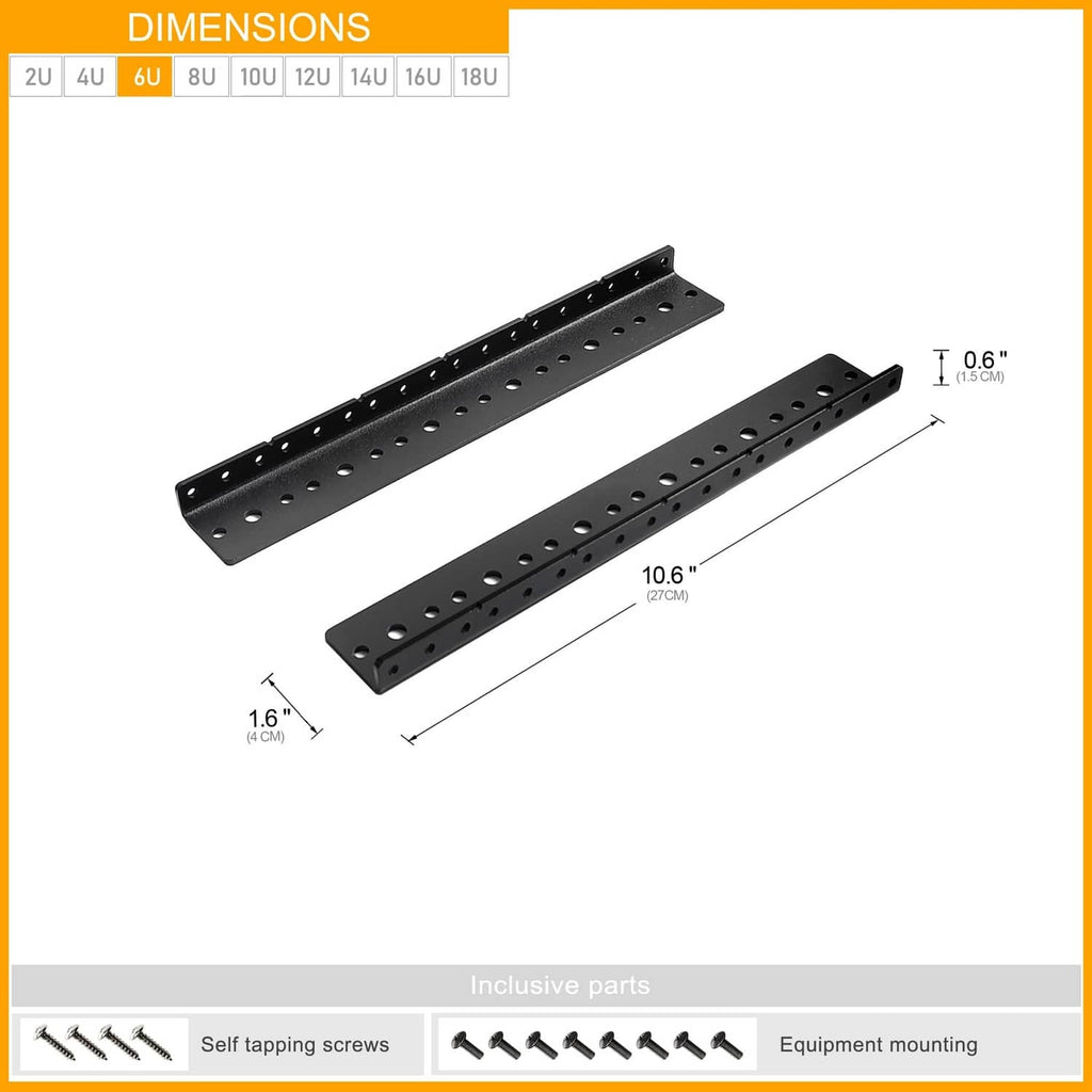 Black rack rails with tapered mounting holes, listed with length and width measurements