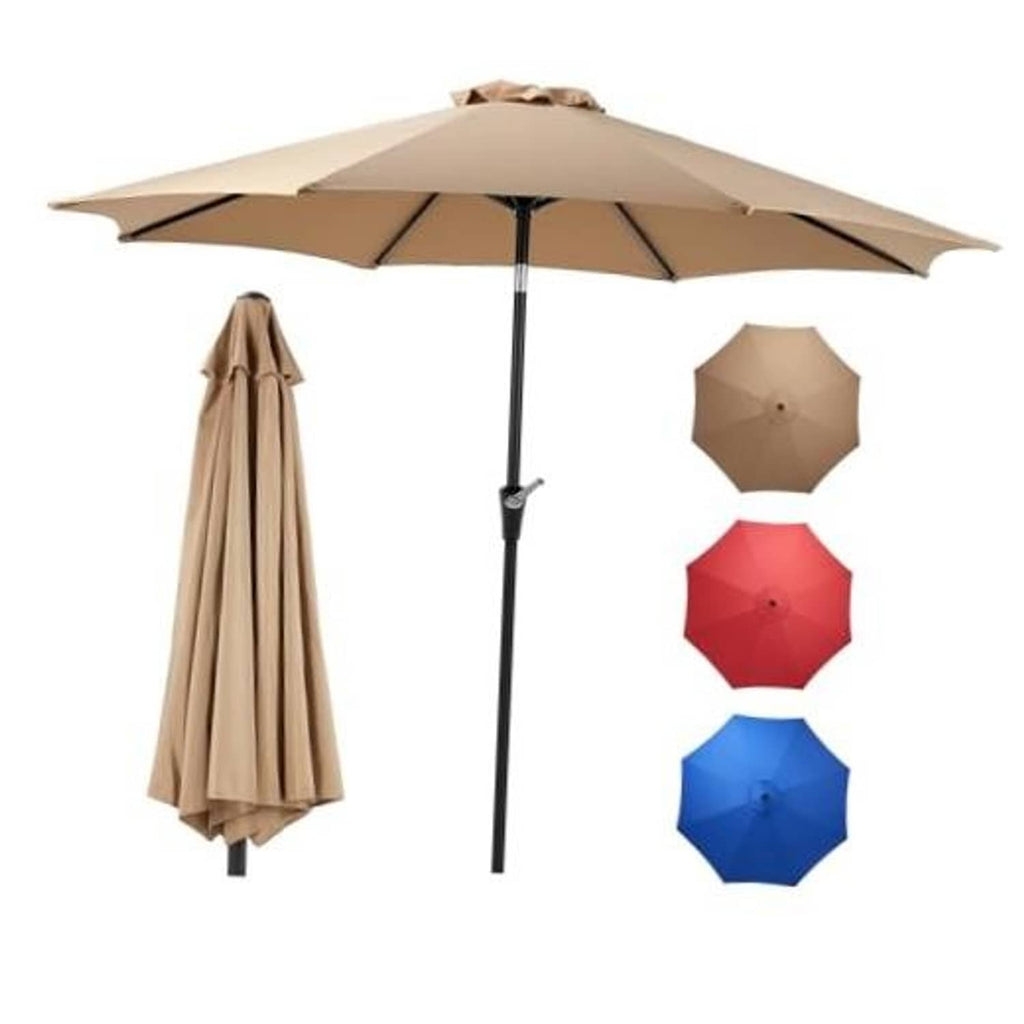 Tan patio table umbrella with curved canopy, open ribs, and black center pole