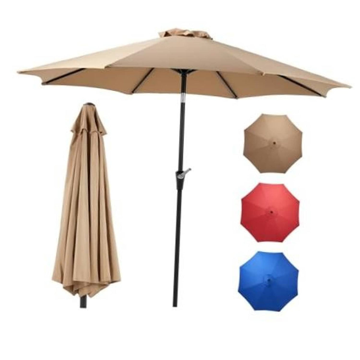 Tan patio table umbrella with curved canopy, open ribs, and black center pole