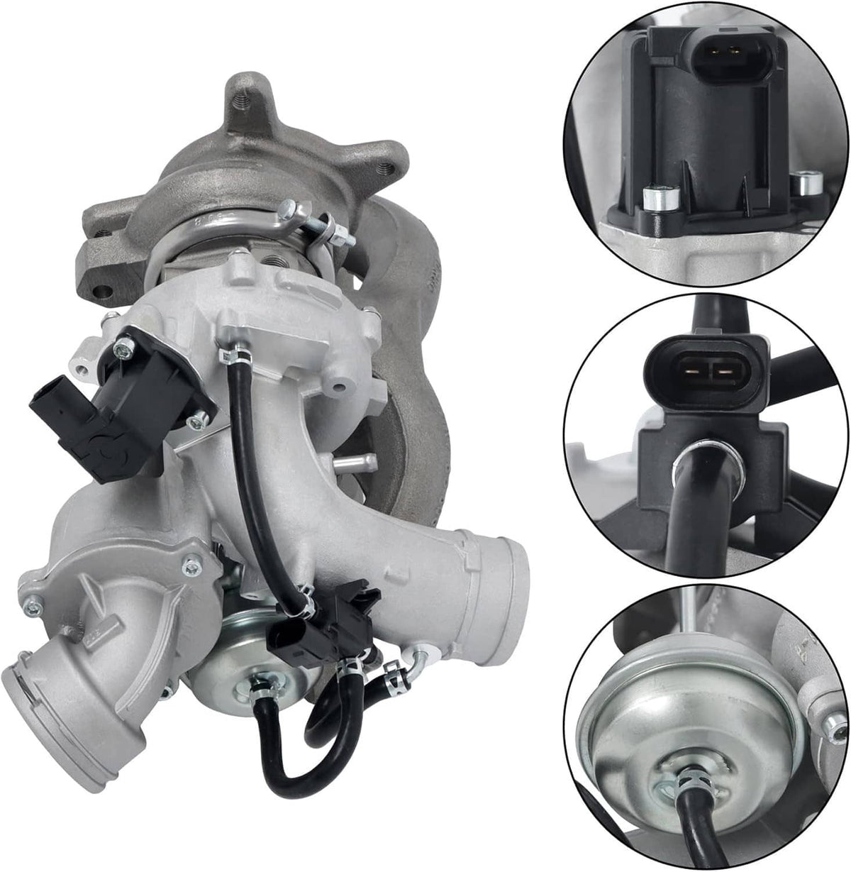 Turbocharger assembly with intake pipe and electrical connector details