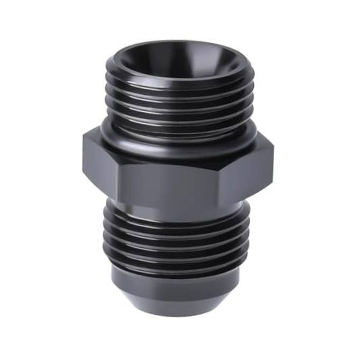 Black 10AN flare-to-10AN ORB adapter fitting with male threads