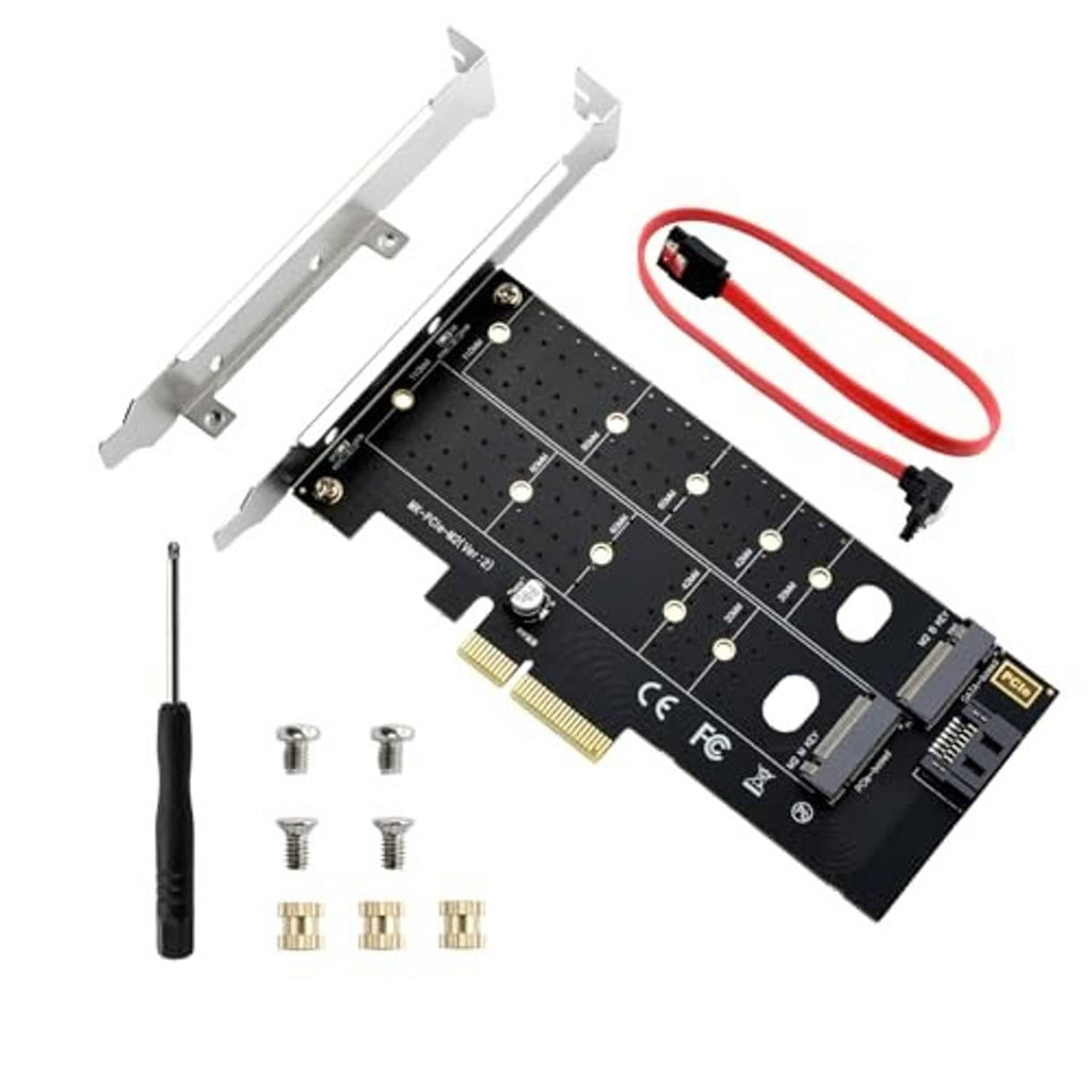 Dual M.2 PCIe adapter with low-profile bracket, red SATA cable, and small hardware