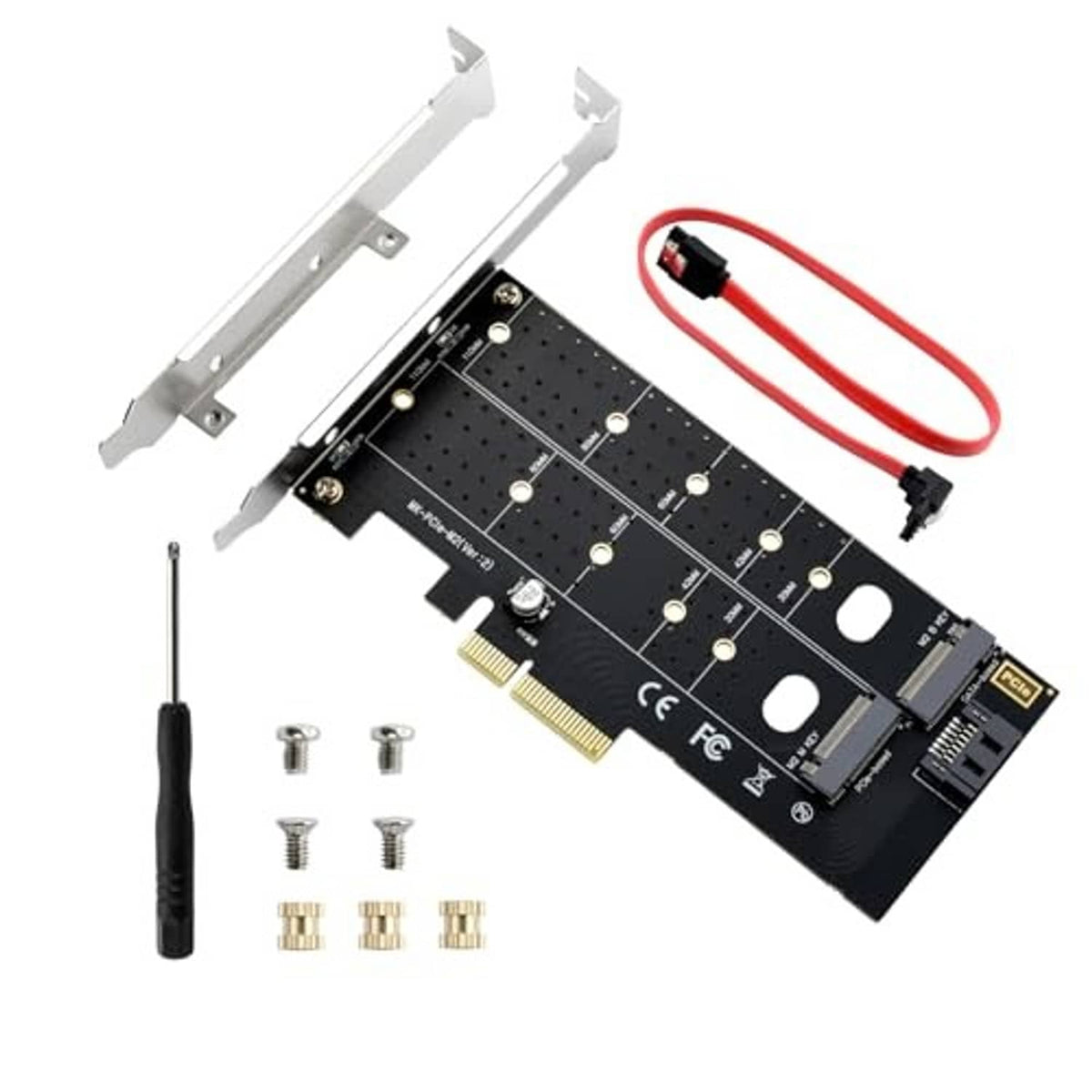 Dual M.2 PCIe adapter with low-profile bracket, red SATA cable, and small hardware