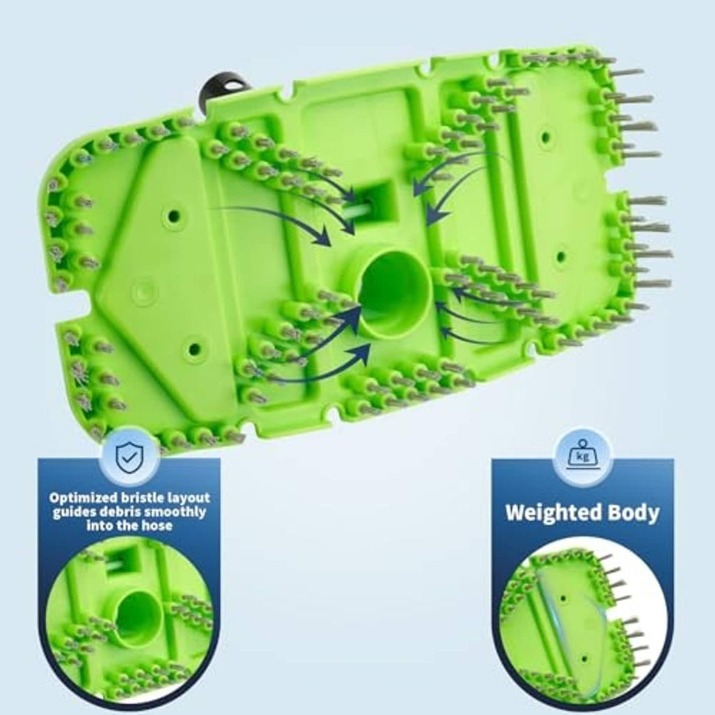 Green weighted pool vacuum head with dense brush bristles and central hub