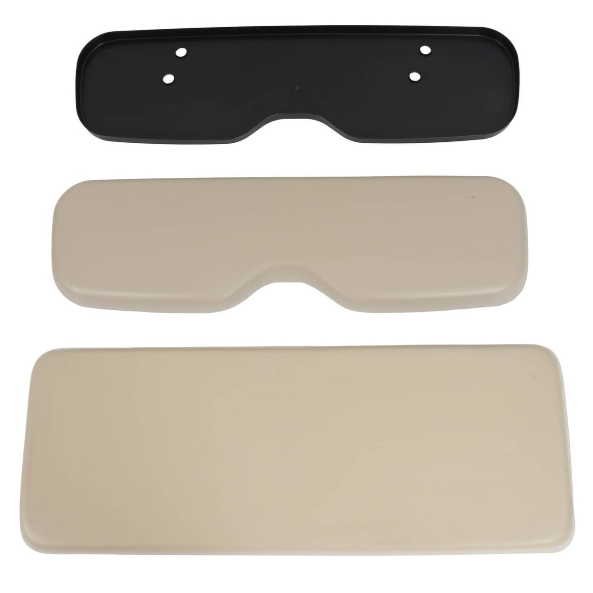 Tan seat and back cushions with black backing plates and mounting holes