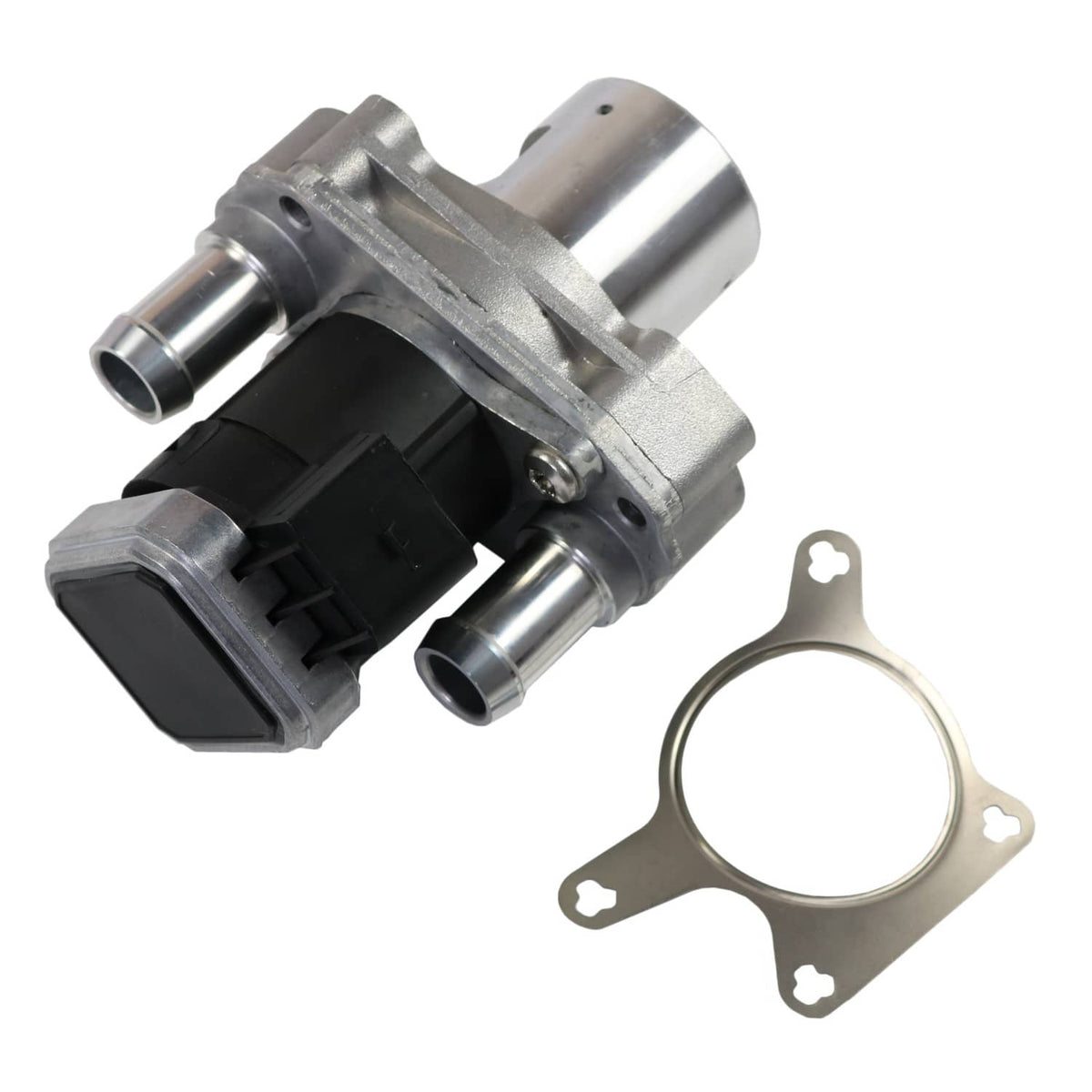 EGR valve with silver metal housing, black electrical connector, and mounting gasket