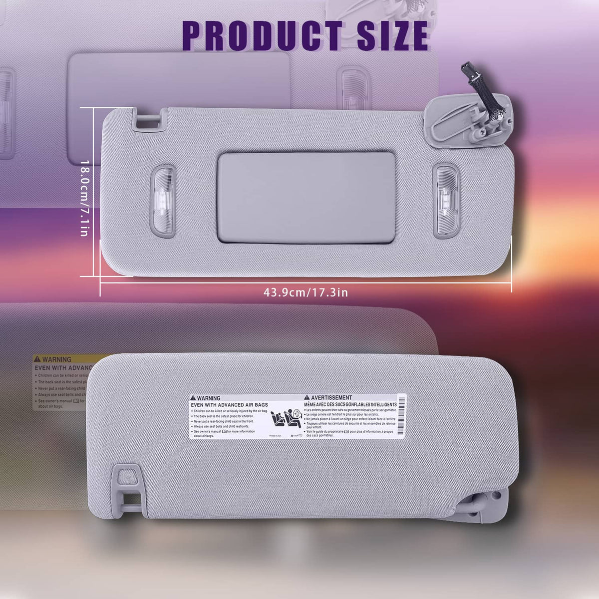 Grey sun visor underside with labeled sticker area and integrated light modules