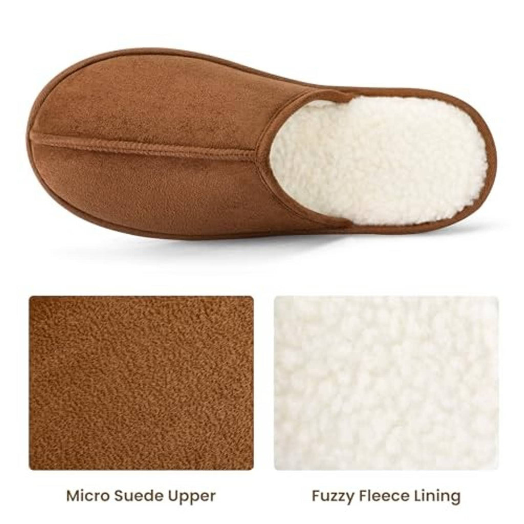 Chestnut micro-suede slip-on scuff slipper with white fuzzy fleece lining, side view