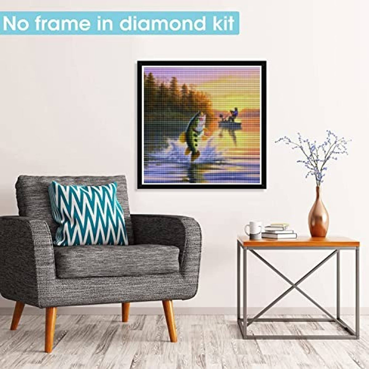 Framed diamond art kit canvas showing a fish jumping over waves at sunset