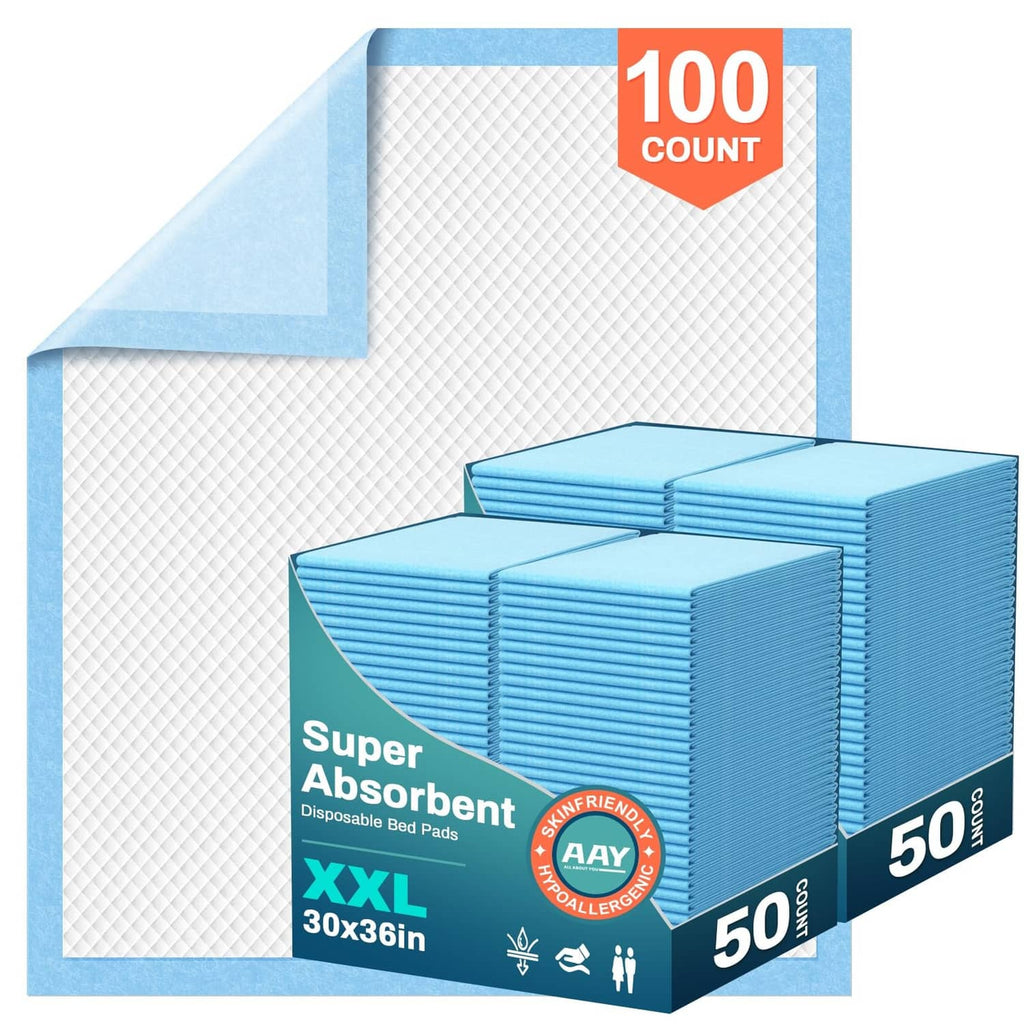 Disposable bed pads by AAY, blue underpads, 30" x 36"; 100-count pack