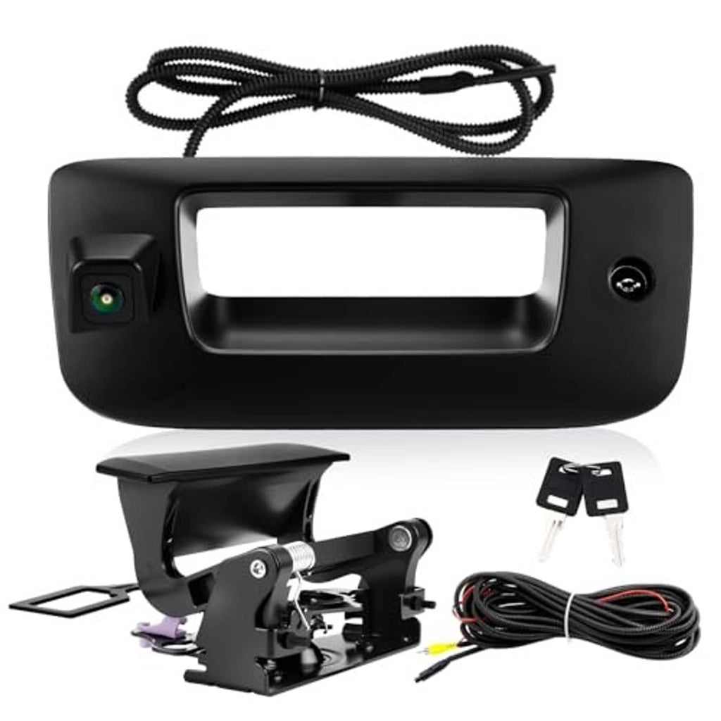 Black tailgate backup camera bezel kit with lens, cables, and mounting bracket.