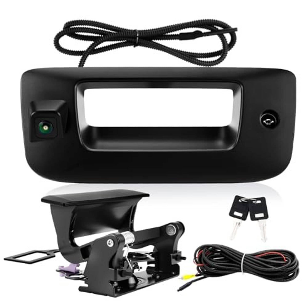 Black tailgate backup camera bezel kit with lens, cables, and mounting bracket.