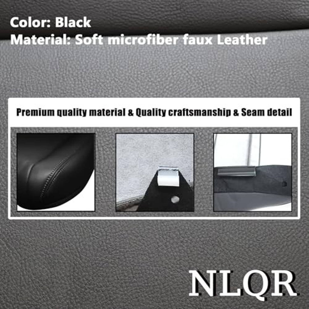Black leather-look seat cover material close-up with textured surface and stitching lines