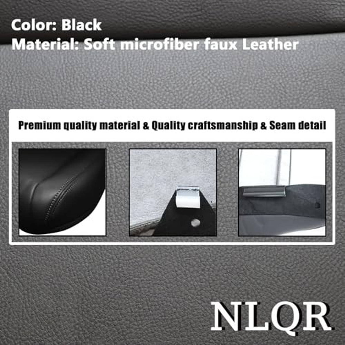 Black leather-look seat cover material close-up with textured surface and stitching lines