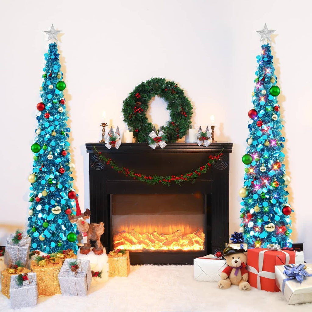 Two blue LED pop-up Christmas trees with star toppers and multicolor ornaments