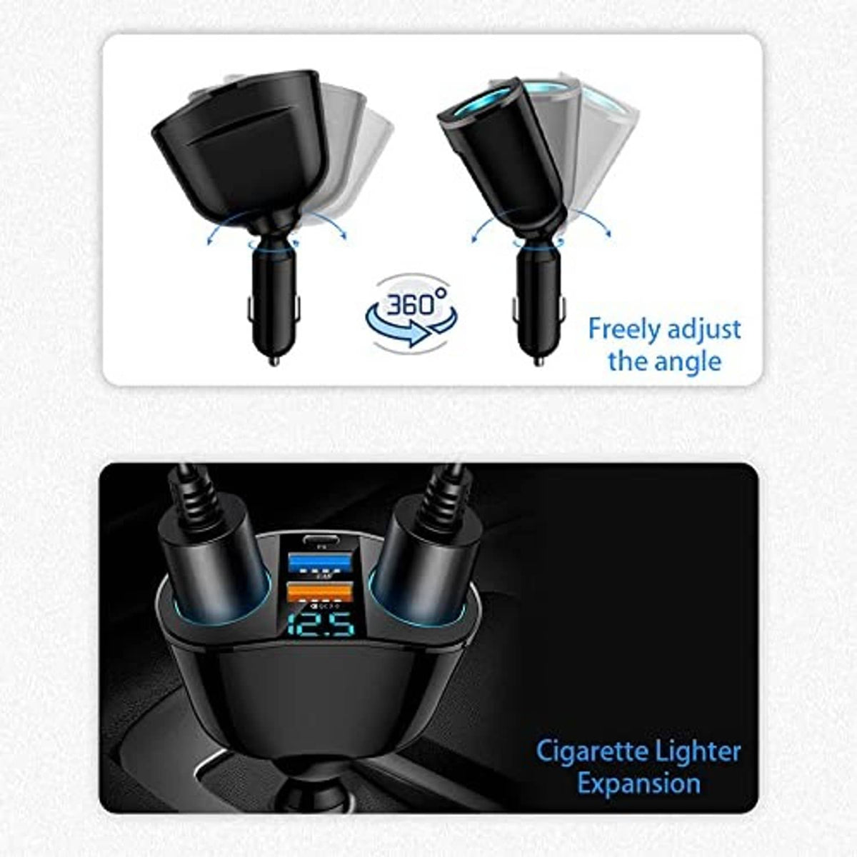 Black car charger adapter with two adjustable outlets and 360° swivel base