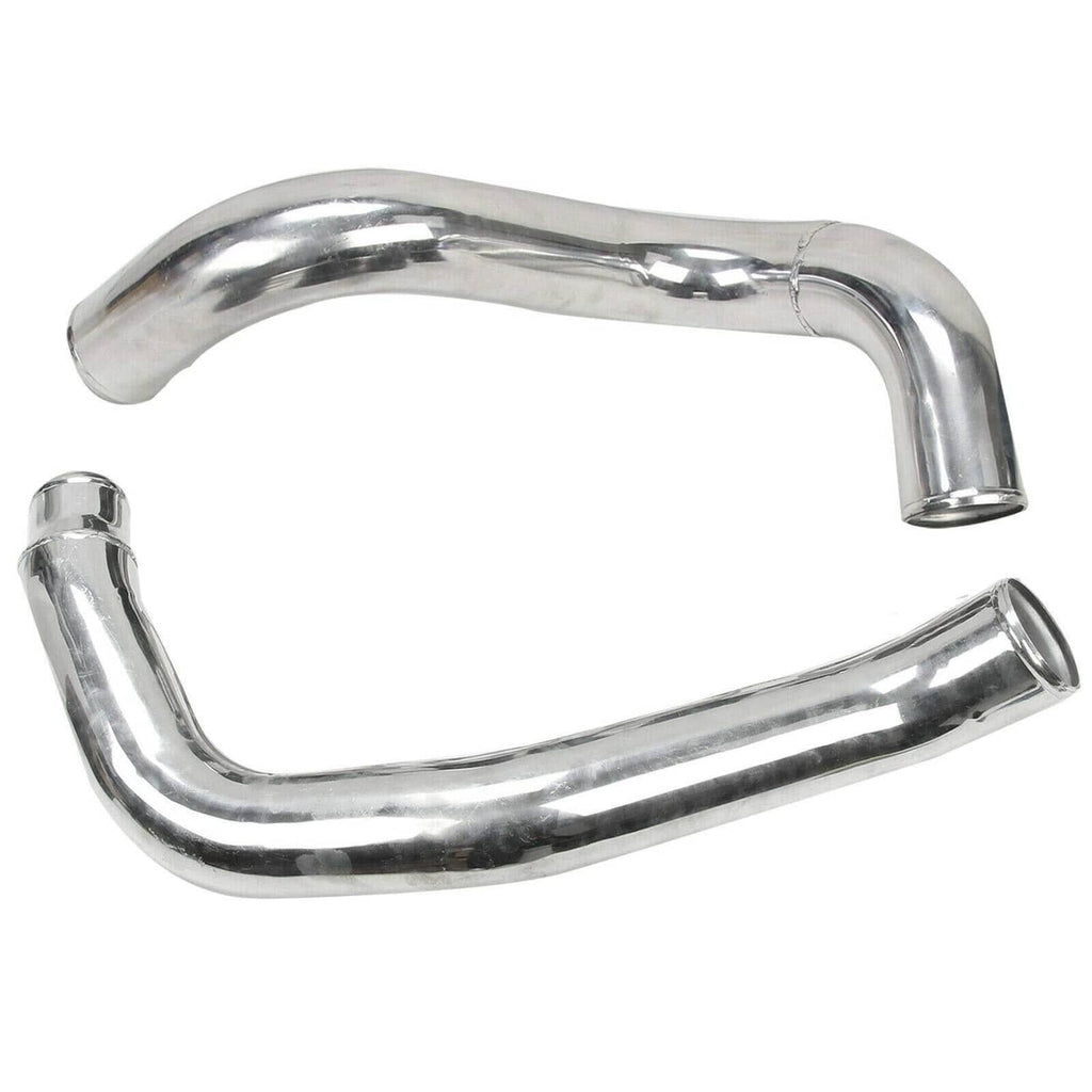 Curved silver intercooler pipe with polished finish and open ends