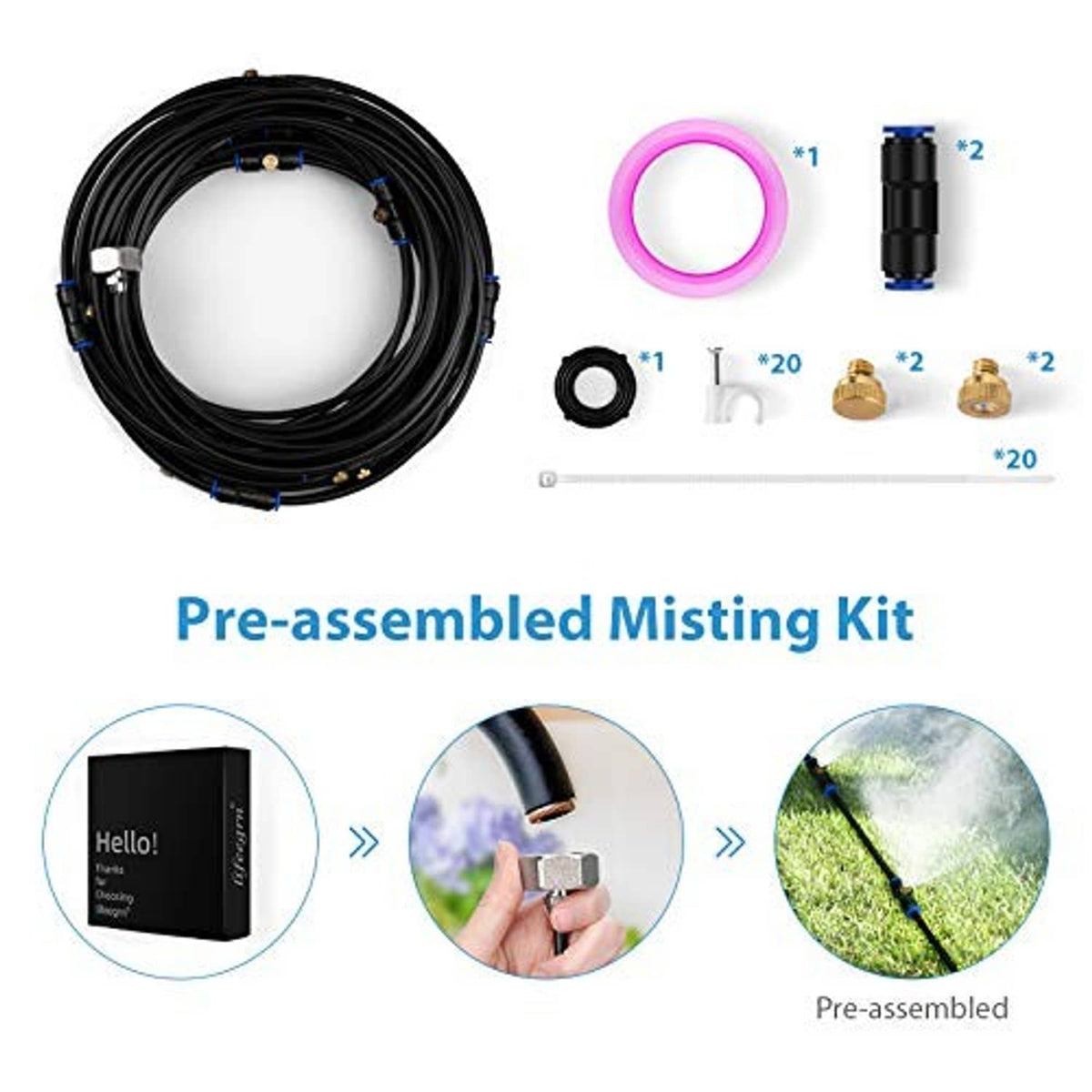 Pre-assembled outdoor misting kit with coiled black hose, nozzle heads, and extra fittings
