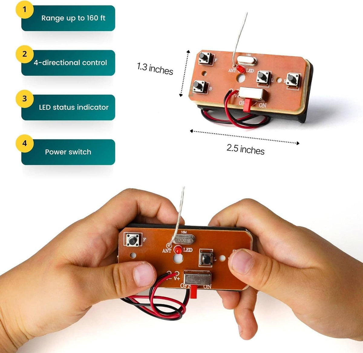 Orange remote controller board for racing car kit with buttons, antenna, and LED indicator