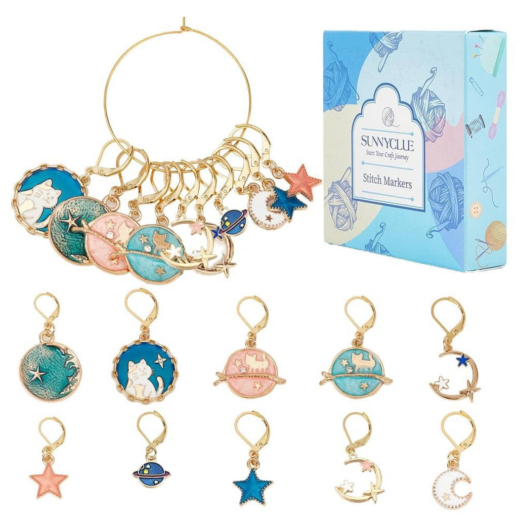 Planet-themed stitch markers set, gold-tone rings with planet and star charms, 20 pcs
